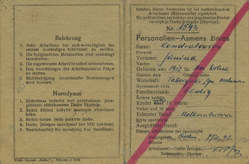 KKE 5273.jpg - (niemiecki) Dok. Ausweis. Janina Kondratowicz (ur. 3 XII 1912 r. w Taboryszkach), Oszmiana, 1942 r.
